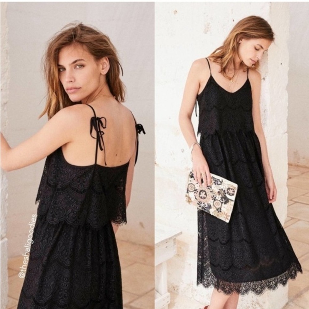 Sezane Black Lace Tiered Midi Dress
